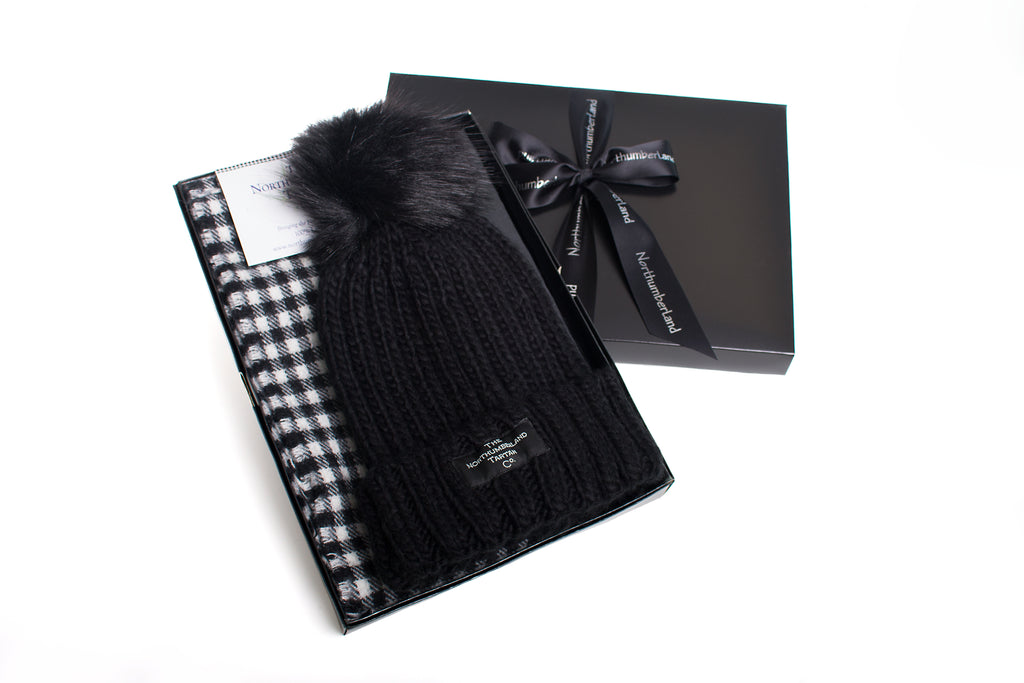 Fur Pom Pom Hat and Lambswool Scarf Gift Set